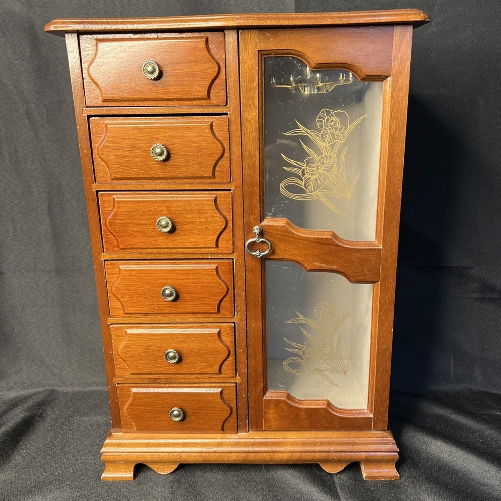 Vintage Tall Wooden 6 Drawer Jewelry Box/Organizer Necklace Hanger 11.5"6.5"x17"